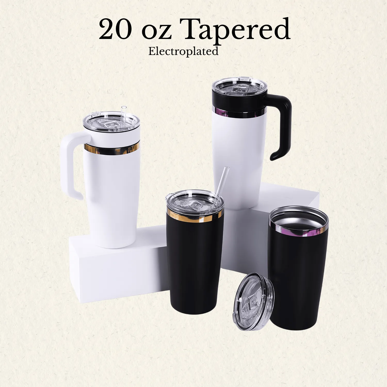 Infographic illustrating the 20 oz tapered matte powder-coated stainless steel tumbler in traditional black and white with gold or rainbow electroplated beneath the finish. The graphic contrasts configurations with and without a handle.