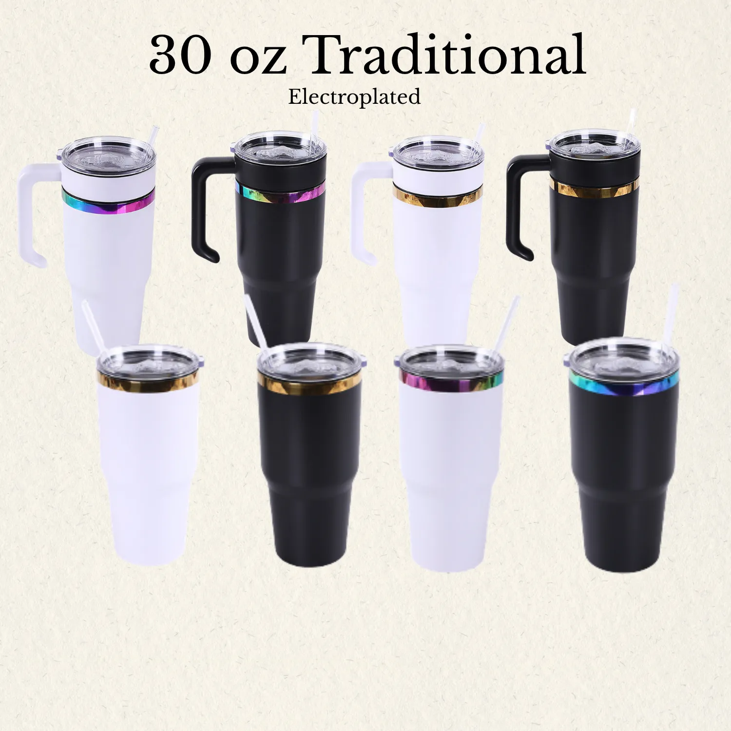 Infographic illustrating the 30 oz traditional matte powder-coated stainless steel tumbler in traditional black and white with gold or rainbow electroplated beneath the finish. The graphic contrasts configurations with and without a handle.