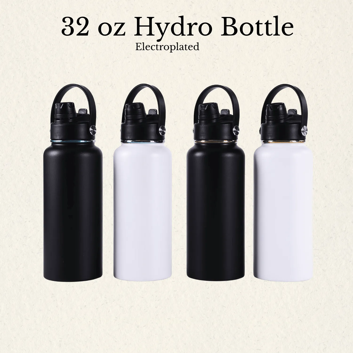 Infographic illustrating the 32 oz matte powder-coated stainless steel hydro bottle in traditional black and white with gold or rainbow electroplated beneath the finish.