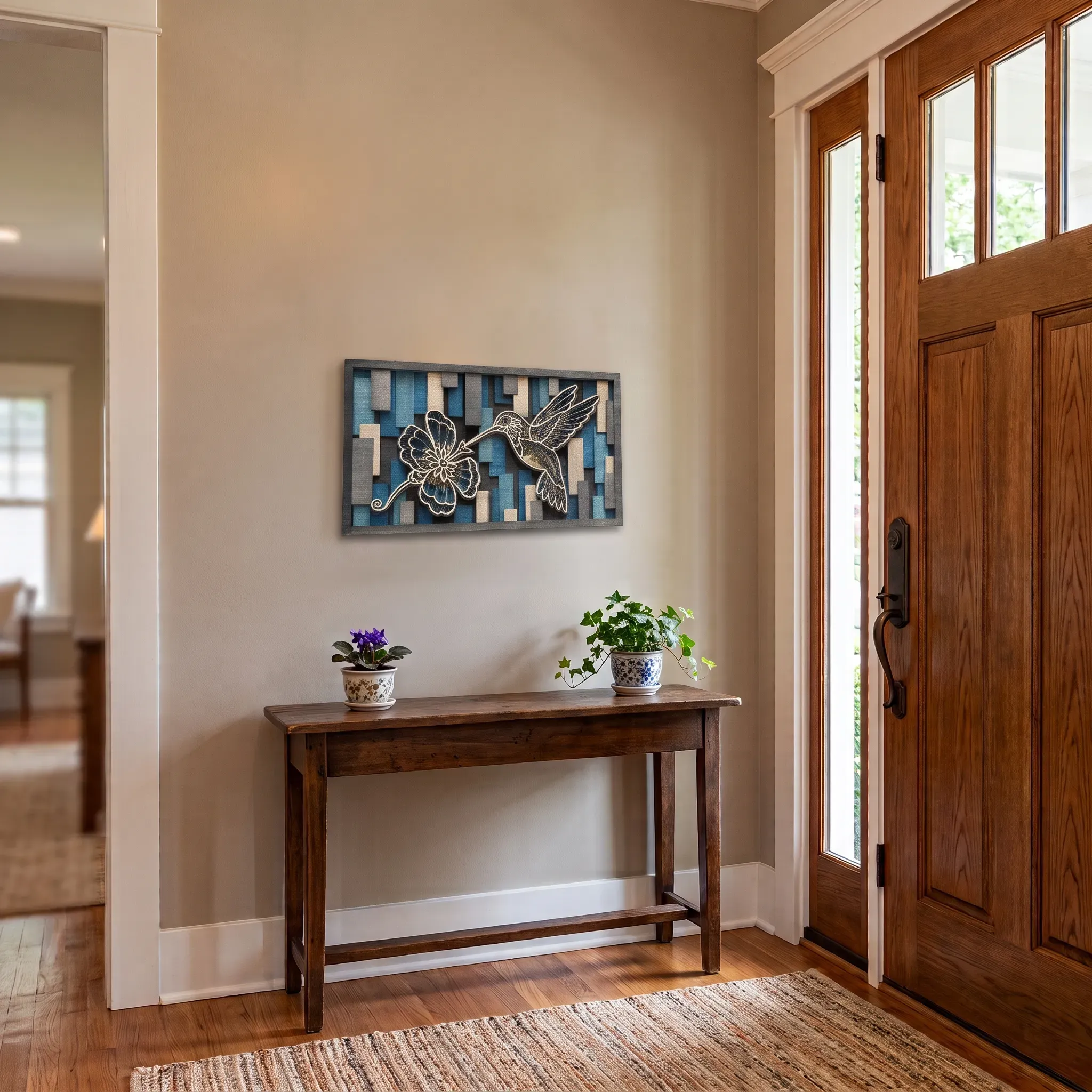 Hummingbird and Hibiscus Layered Wood Wall Art Hummingbird and hibiscus flower 3D layered wood wall art in blue, gray, and natural tones