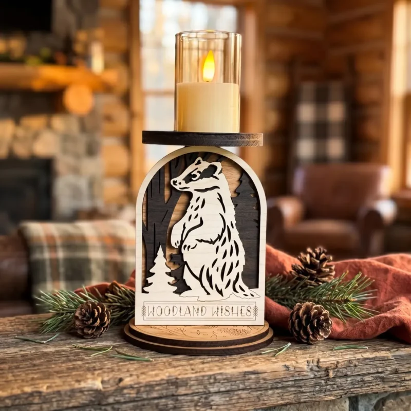 Rustic badger candle holder sitting on a wooden table with a brick fireplace and living room setting in the background.