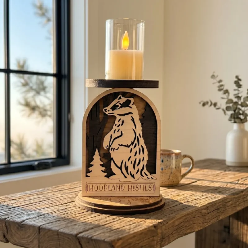 Front view of layered wooden badger candle holder showing size scale on wooden tabletop near a window.