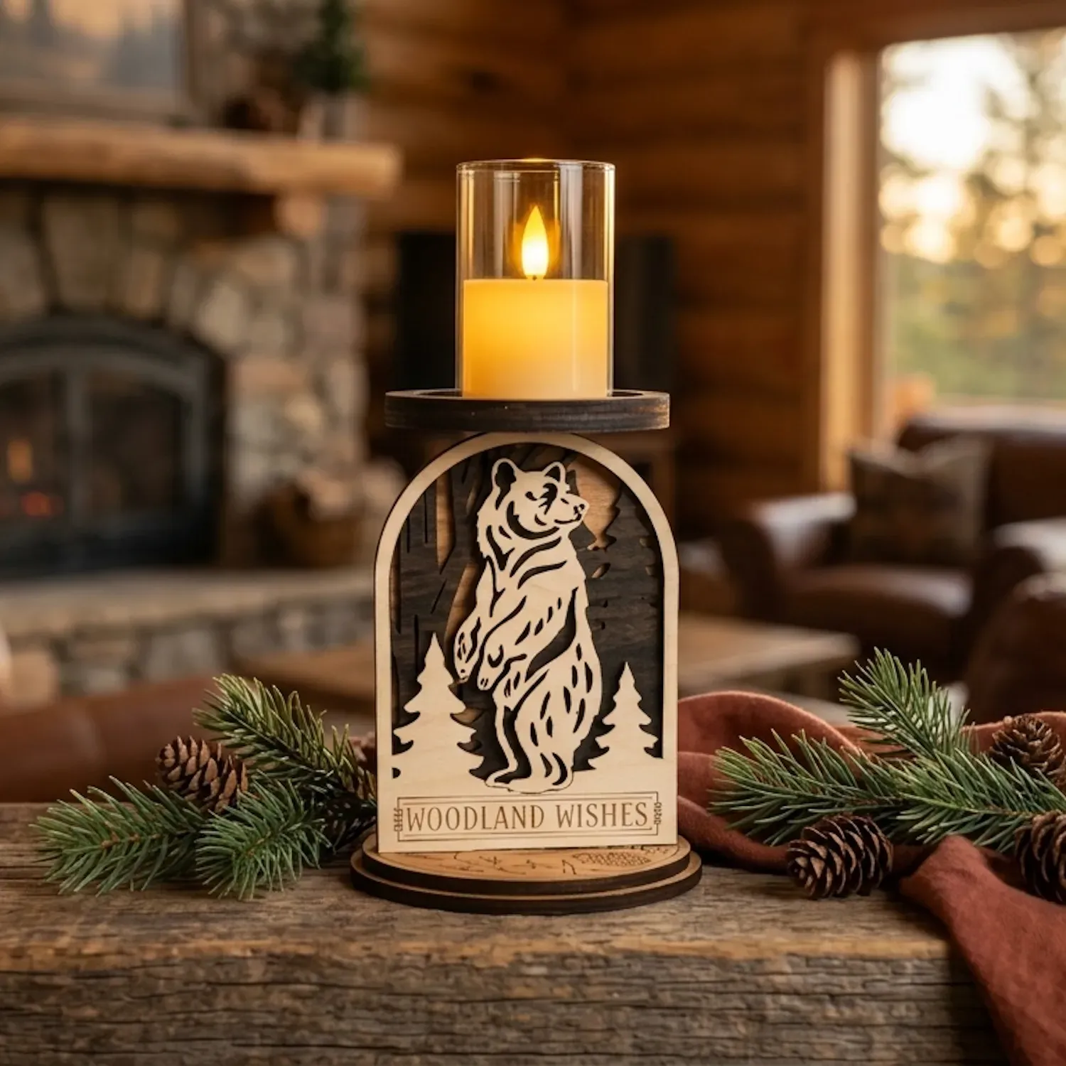 bear-candle-holder-mantel-shelf-scene • Cactus Air Designs Flickering LED votive sitting on a premium 3D layered wood bear woodland wishes candle holder on a rustic log mantel.