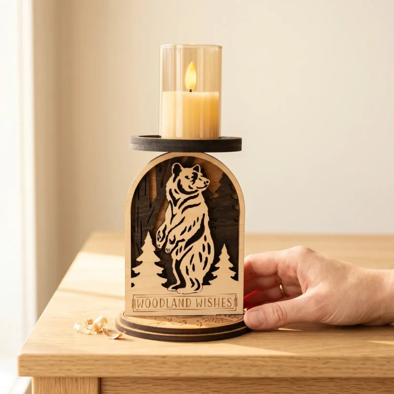 Hand displaying the scale of a handcrafted 3D layered wood bear candle holder featuring an etched Woodland Wishes base.