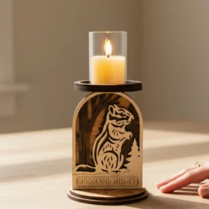 Side-by-side scale shot showing a hand next to the chipmunk woodland laser cut candle holder.