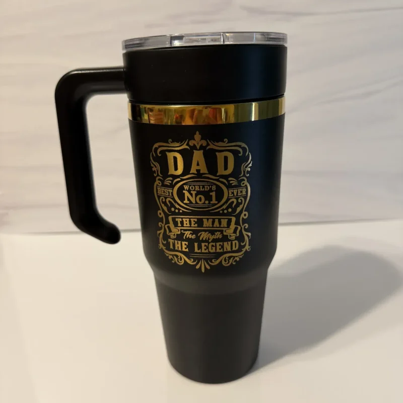 Dad Legend black and gold engraved tumbler shown with optional black handle
