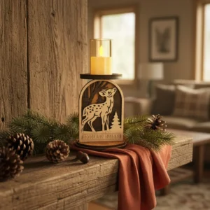 Wooden fawn candle holder with a glowing LED candle displayed a living shelf