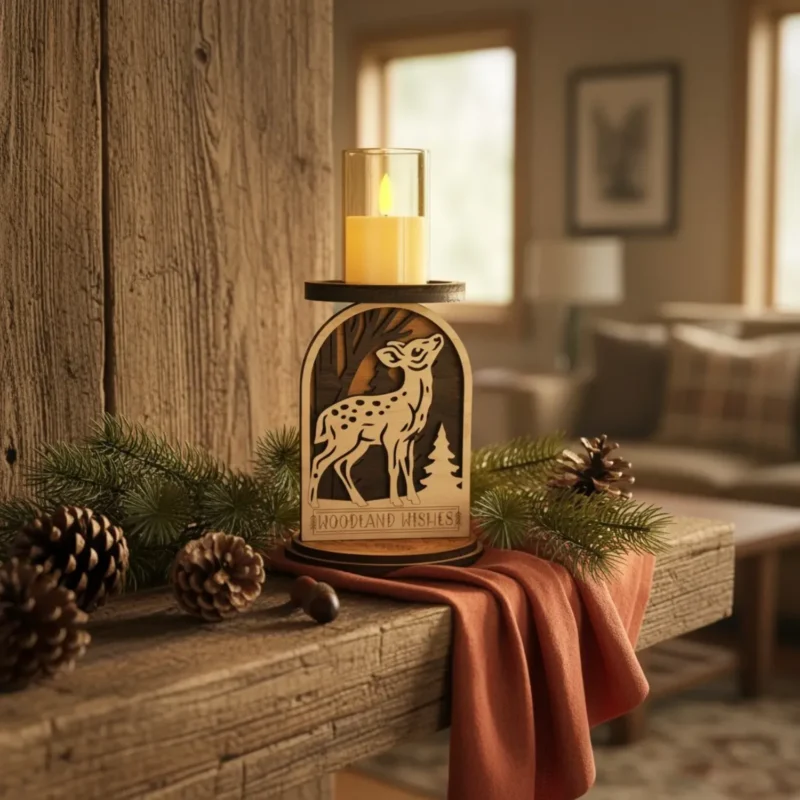 Wooden fawn candle holder with a glowing LED candle displayed a living shelf