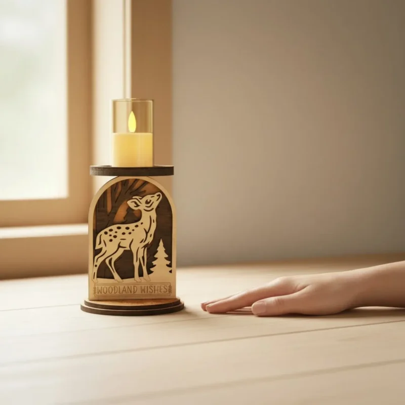 Wooden fawn candle holder beside a window and hand showing its size and scale