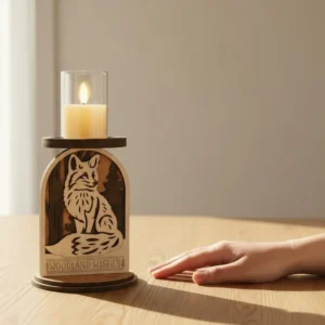 Layered wood fox candle holder with Woodland Wishes engraving on a warm wood table in soft directional afternoon window light with hand resting on table surface beside it