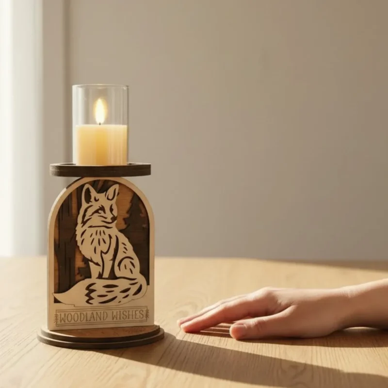 Layered wood fox candle holder with Woodland Wishes engraving on a warm wood table in soft directional afternoon window light with hand resting on table surface beside it