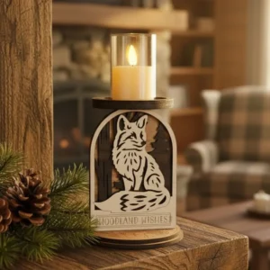 Fox woodland candle holder on a rustic cabin table beside a rough-hewn wood post with fresh pine branches and pinecone, warm amber fireplace glow and bookshelves in background