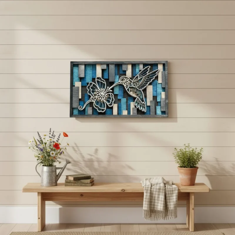 Layered hummingbird wood art displayed above a natural wood bench in a bright, neutral room.