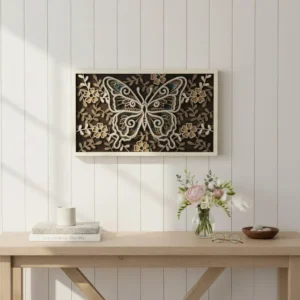 Layered Butterfly Wood Wall Art styled above a wooden console table with a vase of flowers on a light paneled wall.