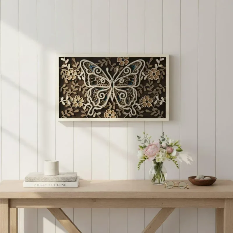 Layered Butterfly Wood Wall Art styled above a wooden console table with a vase of flowers on a light paneled wall.