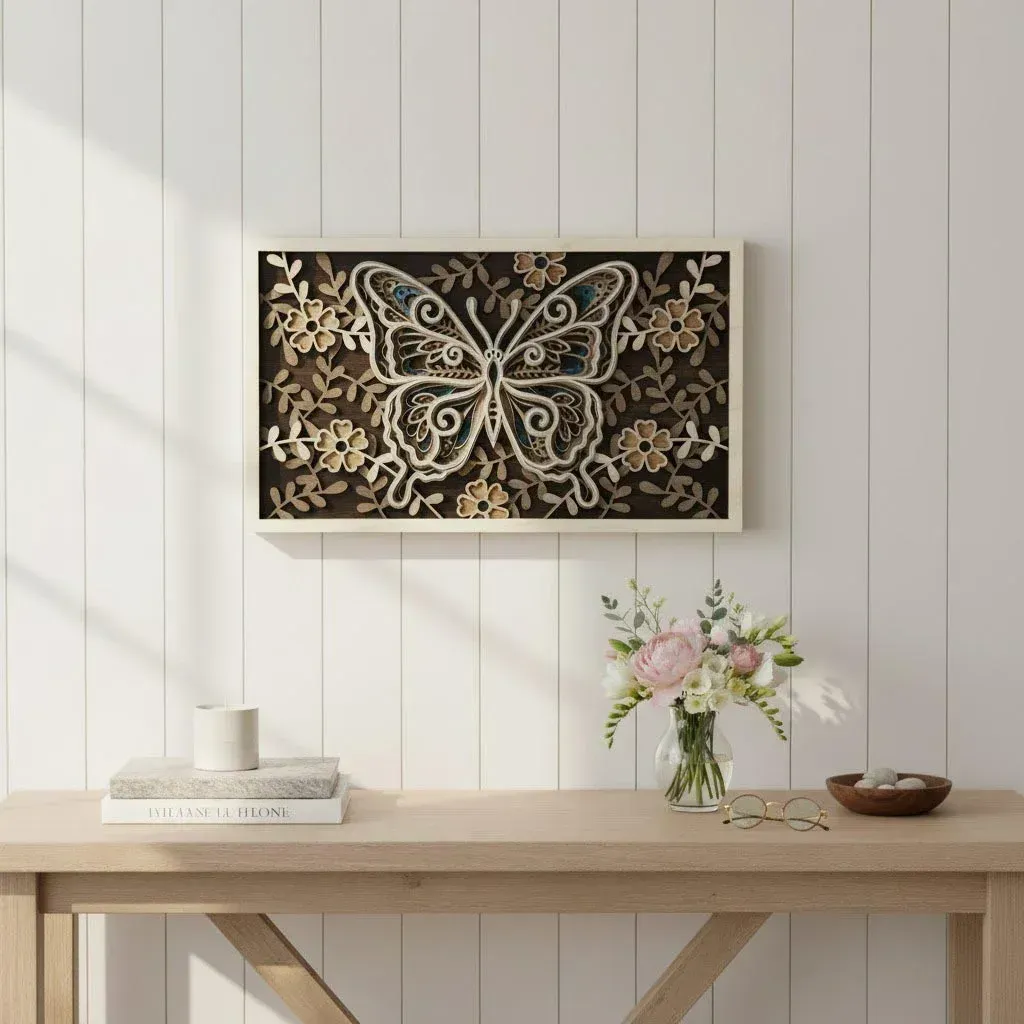 layered-butterfly-wood-wall-art-lifestyle-hero • Cactus Air Designs Layered Butterfly Wood Wall Art styled above a wooden console table with a vase of flowers on a light paneled wall.