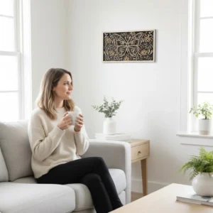 Lifestyle view of a woman drinking coffee on a sofa with the Layered Butterfly Wood Wall Art hanging on the wall nearby.
