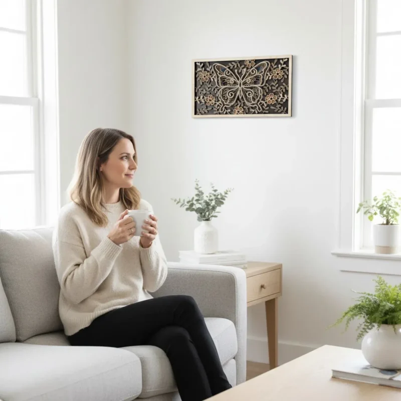 Lifestyle view of a woman drinking coffee on a sofa with the Layered Butterfly Wood Wall Art hanging on the wall nearby.