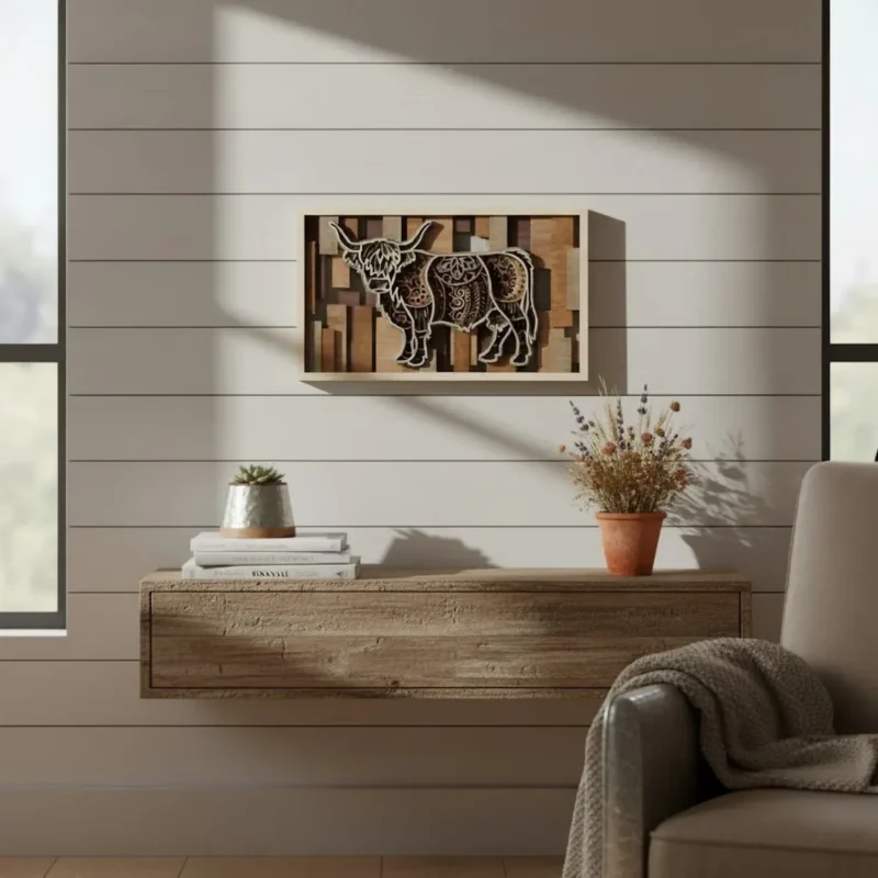 Layered highland cow wall art hanging above a wood console table on a farmhouse shiplap wall