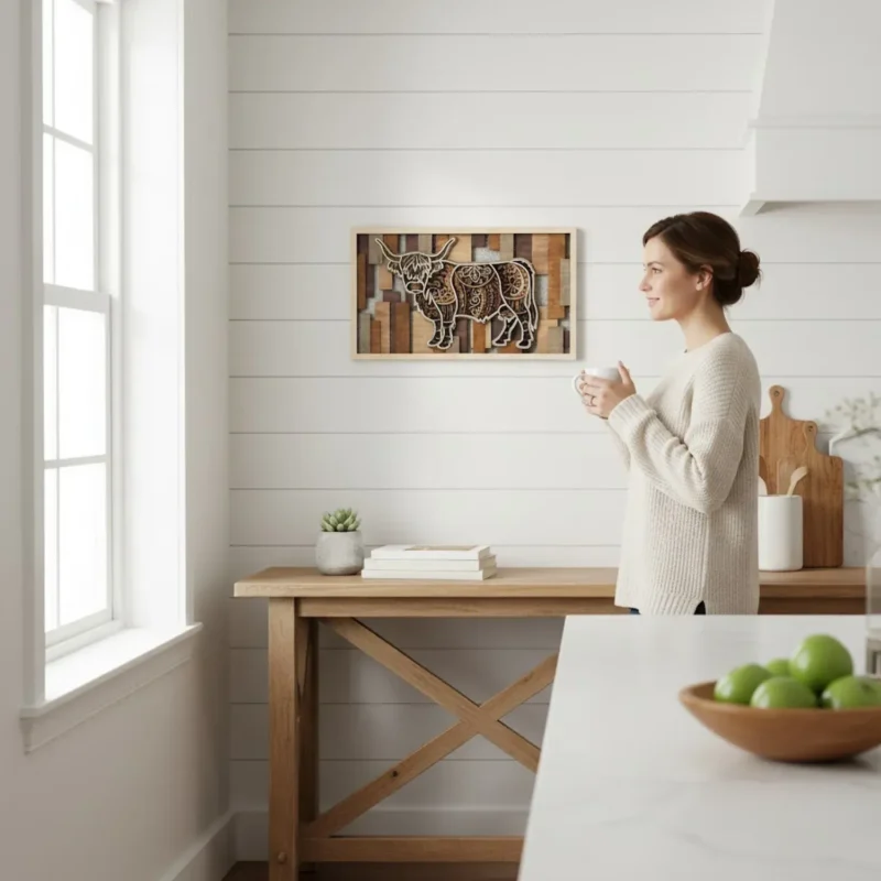 Woman in farmhouse kitchen showing scale of layered highland cow wall art on white shiplap wall