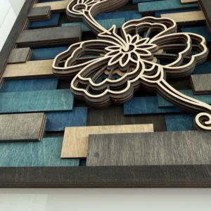 Close-up of the layered flower showing the dimensional construction and hand-stained maple plywood.