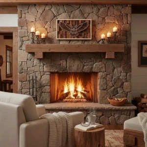 Owl layered wall art displayed above a stone fireplace in a rustic cabin living room with candles