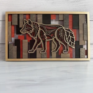 Wolf layered wall art front view with mandala engravings and bold stained mosaic slat background in natural maple frame