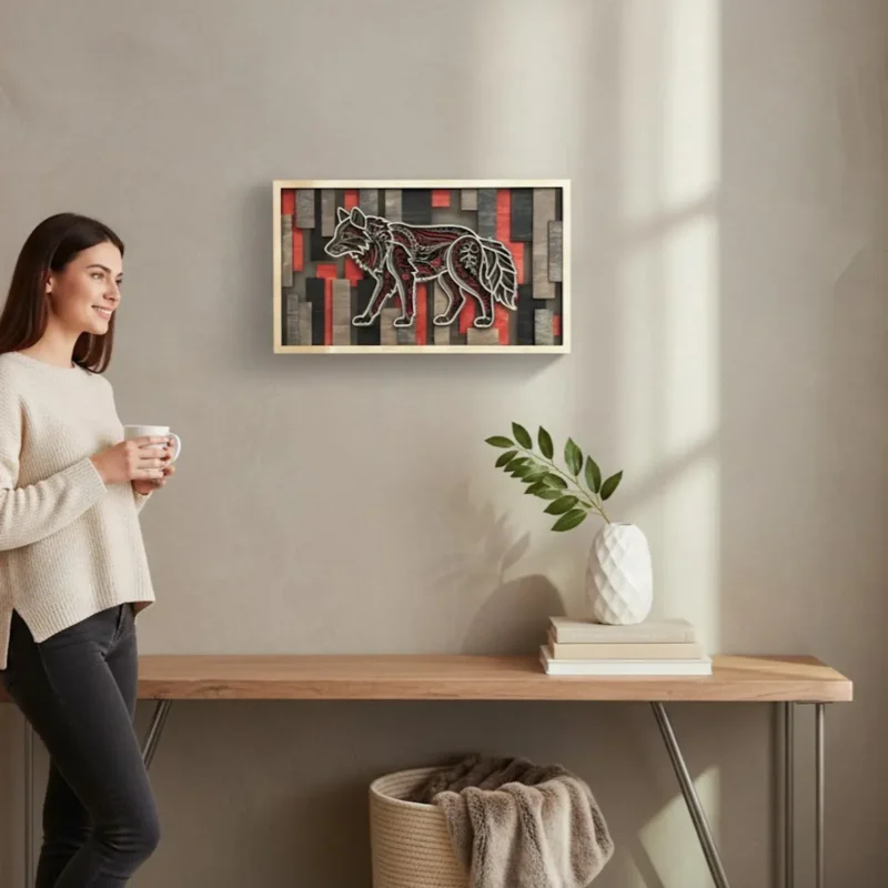 Woman near wolf layered wall art on a neutral wall above a wood console table showing piece scale