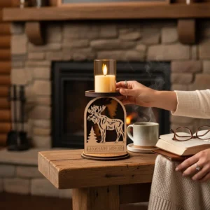 Woman placing candle sleeve on moose woodland candle holder on a rustic wood side table with blazing stone fireplace behind, ceramic mug and open book with reading glasses beside it