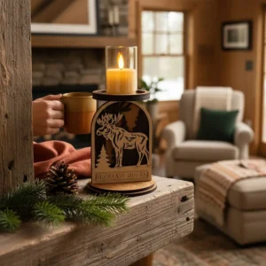 Layered wood moose candle holder with Woodland Wishes engraving on a weathered gray reclaimed wood beam in a rustic log cabin with stone fireplace, rust cloth and pine sprig in foreground