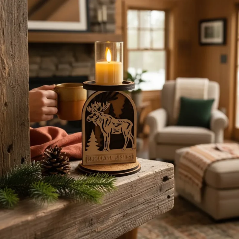 Layered wood moose candle holder with Woodland Wishes engraving on a weathered gray reclaimed wood beam in a rustic log cabin with stone fireplace, rust cloth and pine sprig in foreground
