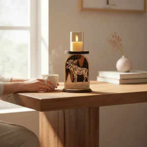 Moose woodland candle holder on a warm wood table in soft natural window light with woman's hands beside a steaming mug and white vase with dried botanicals in background