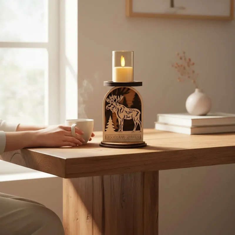 Moose woodland candle holder on a warm wood table in soft natural window light with woman's hands beside a steaming mug and white vase with dried botanicals in background