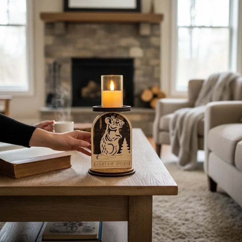 Wooden mouse candle holder with an LED candle displayed on a living room coffee table