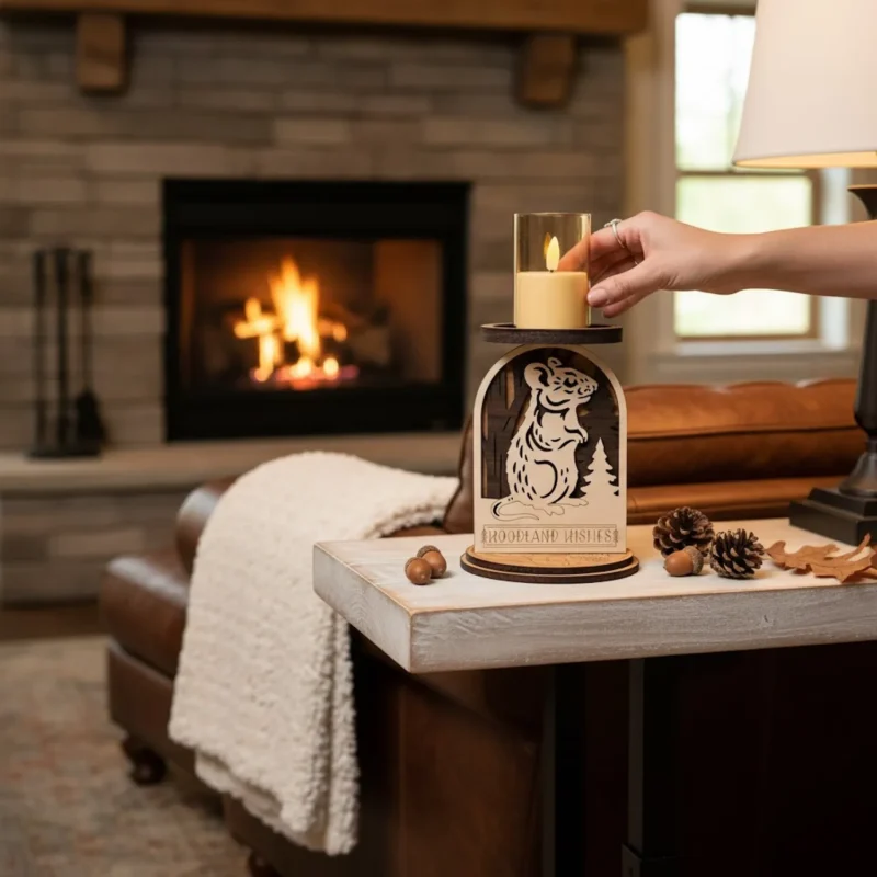 Mouse woodland candle holder with an LED candle shown on a living room side table for scale