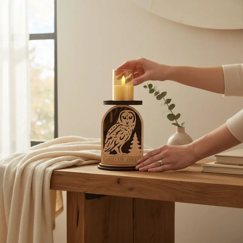 Woman in cream sweater placing candle sleeve on layered wood owl candle holder with Woodland Wishes engraving on a warm wood table in soft natural window light with fall trees outside and eucalyptus in ceramic vase