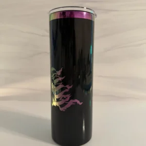 Side view of black electroplated 20 oz skinny tumbler showing American flag laser engraving with purple and gold metallic color shift
