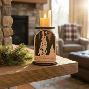 Rabbit woodland candle holder with Woodland Wishes engraved on a table with a fireplace and chair in the background