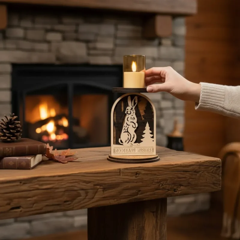 Rabbit woodland candle holder with Woodland Wishes engraved on a table with a hand to show scale and lit fireplace in the background