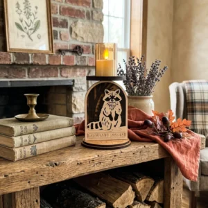 Layered wood raccoon candle holder with Woodland Wishes engraving on a rustic cottage bench with stacked antique books, brass candlestick, and dried lavender in stoneware crock, unlit brick fireplace with framed botanical print and iron key in background