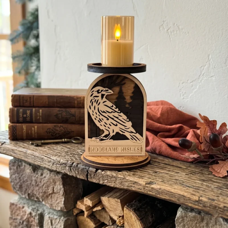 Wooden raven candle holder with a LED candle displayed on a rustic mantel