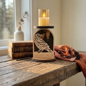 Wooden raven candle holder beside stacked books, showing its size and scale