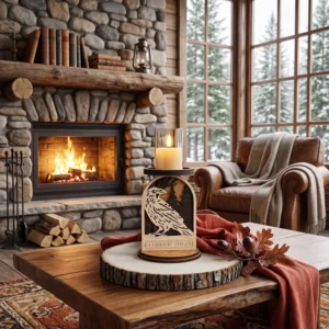Raven woodland candle holder on a wood slice on a cabin coffee table with stone fireplace glowing behind it and snowy pines through the window