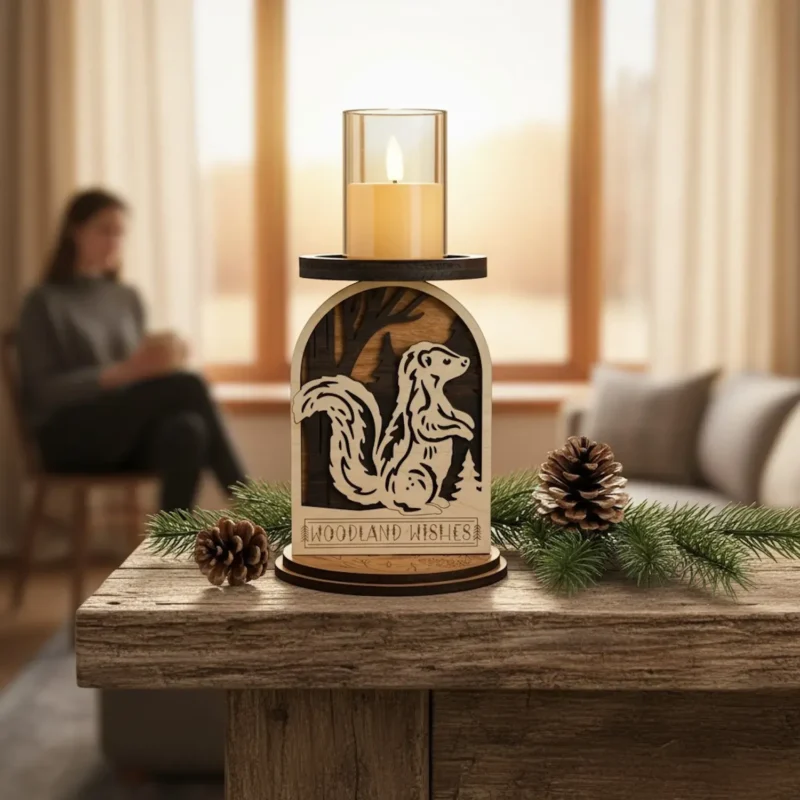 Three-layer wooden skunk candle holder with an LED candle displayed in a living room setting with someone sitting in a chair reading in the background.