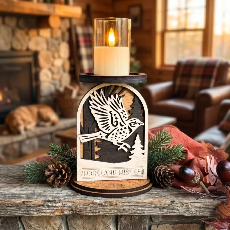 Layered wood sparrow in flight candle holder with Woodland Wishes engraving on a rustic wood surface with pine branches and pinecones, stone fireplace and sleeping golden retriever glowing in background