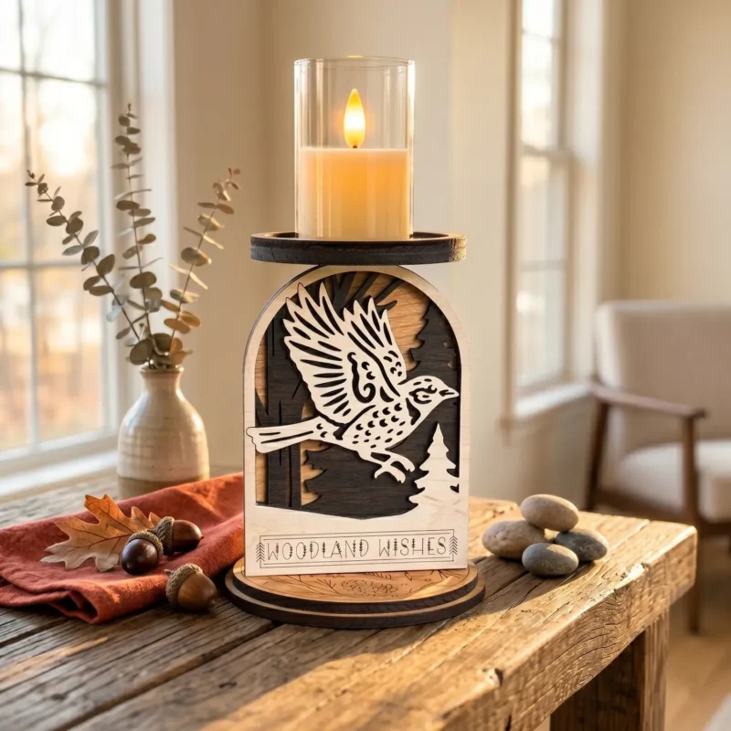 Sparrow woodland candle holder on a rustic farmhouse table in warm fall window light beside a white vase with botanical stems, acorns and river stones