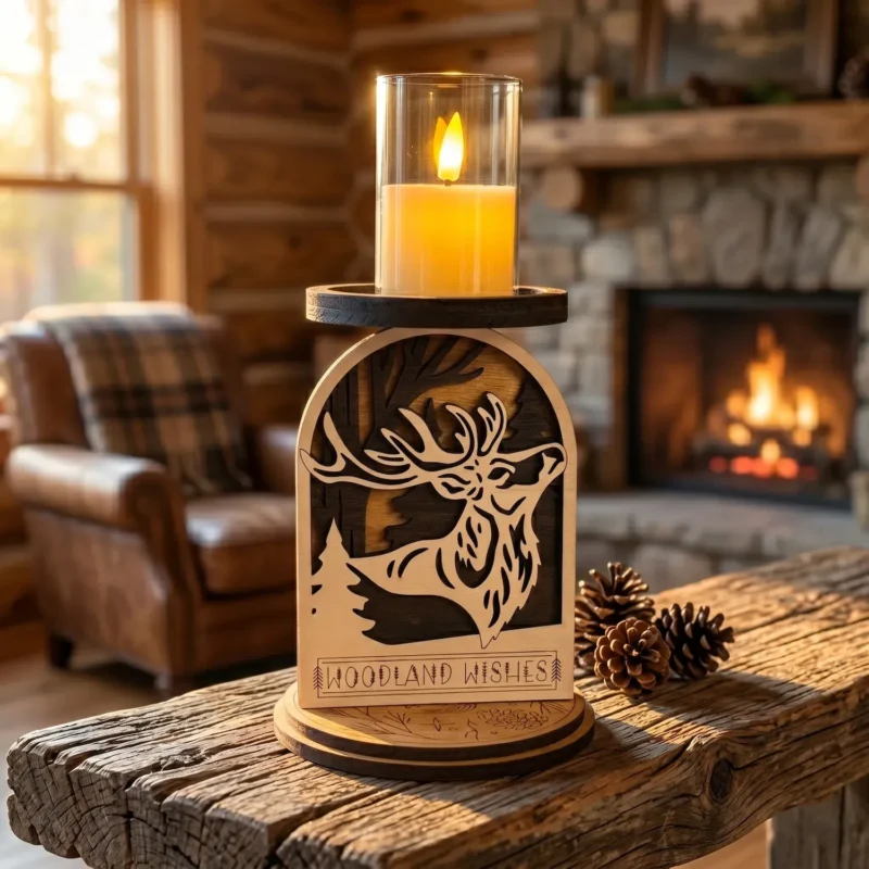 Stag Deer woodland candle holder sitting on table in a living with a couch and fire place.
