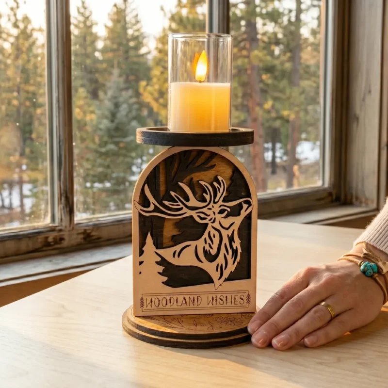 Layered wood stag deer candle holder with Woodland Wishes engraving on a warm wood table in soft directional afternoon window light with hand resting on table surface beside it