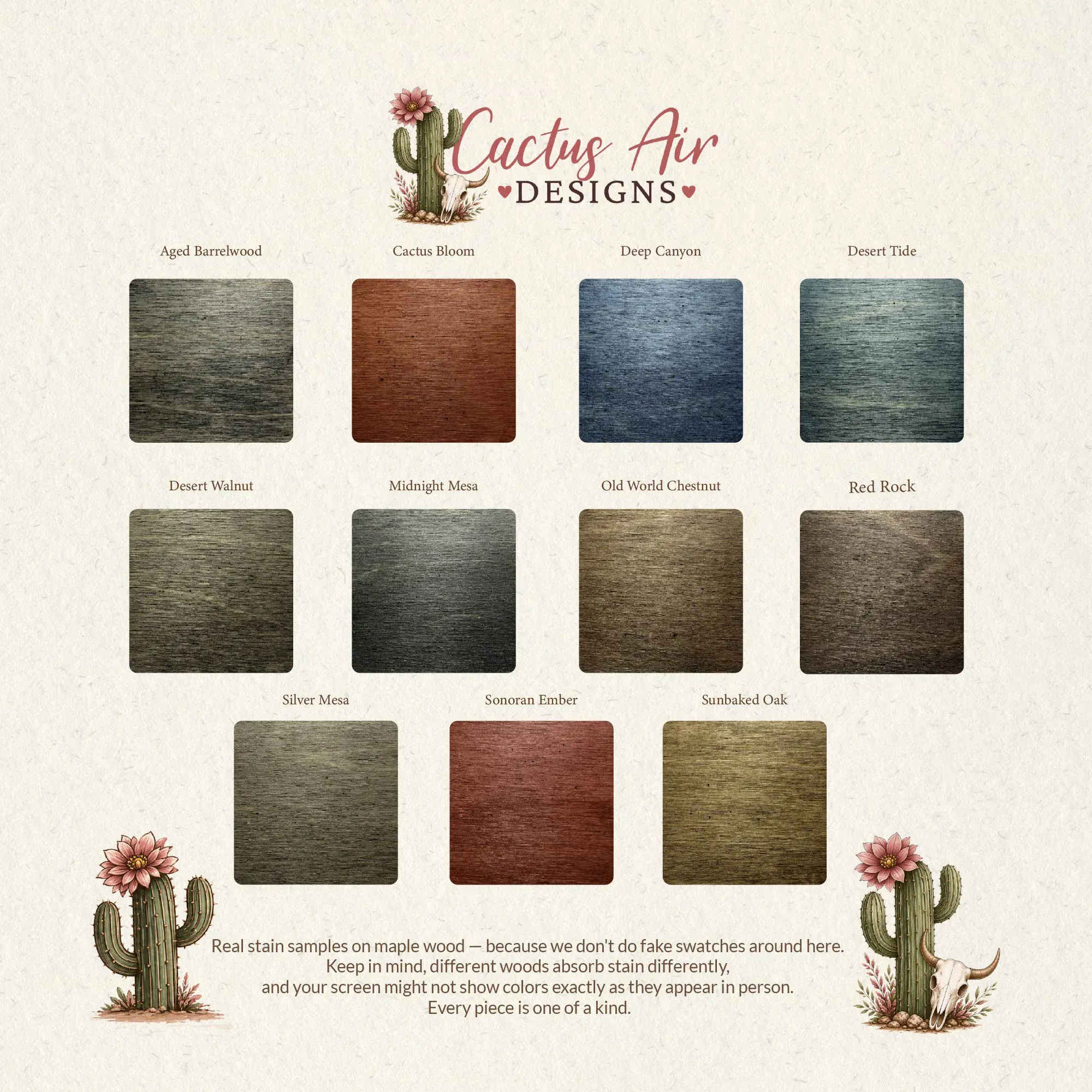 Stain colors that were applied to maple premium plywood that customers for Cactus Air Designs."