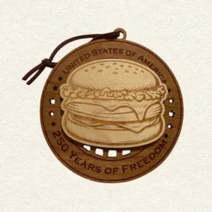 Round two-layer wooden ornament with "United States of America" and "250 Years of Freedom" engraved on the border, featuring a laser-cut flag with cut-through stripes and star field, topped with a detailed cheeseburger, hung on a brown cord